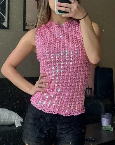 XScape Hot Pink vintage y2k viral crochet beaded bead sequin embellished tank top