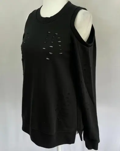Central Park West New Distressed Cold Shoulder Zip Back Los Feliz Sweatshirt Black
