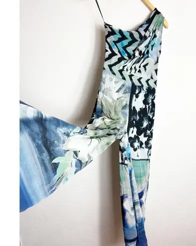 Fuzzi Floral One Shoulder Mesh Jumpsuit Size Small Blue Stretch Cropped Wide Leg