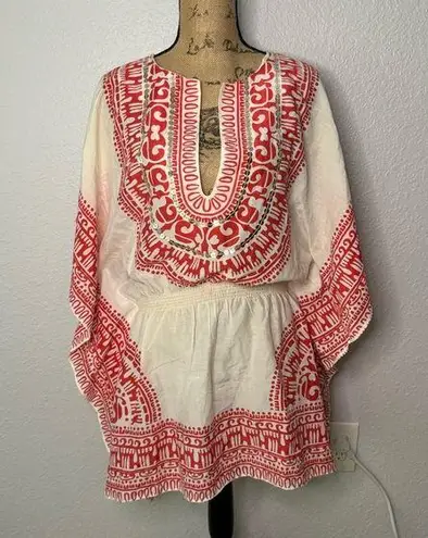 Trina Turk  Shangri-La Sequin Swim Cover-Up Size S? Red White Tribal V Neck Flowy