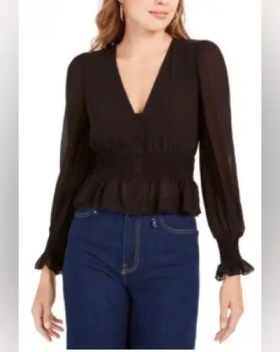 Lucy Paris Size XS Black Sheer Long Sleeve Faux Button Front V-Neck Ruffle Hem