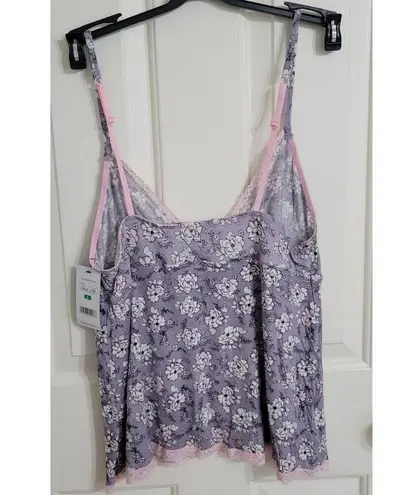 Rene Rofe' Sleepwear Cami Shorts Set Sz L New Floral Lace Trim Deep V Sleeveless Purple Size L