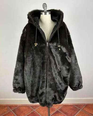 Charles Klein Hooded Reversible Faux Fur / Silk Coat Size 3X Black