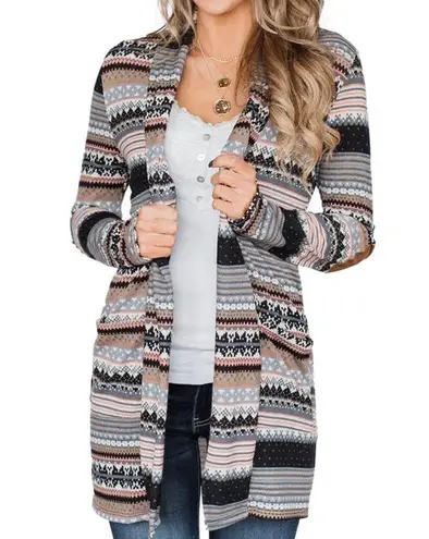 GRAY PINK BLACK WHITE MULTI PRINT ELBOW PATCH CARDIGAN SIZE 2XL 18