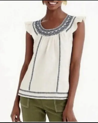 J. Crew Point Sur Linen Embroidered Tank Flutter Sleeves Boho Coastal Cowgirl XS Blue