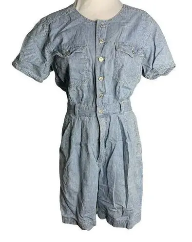 Gloria Vanderbilt Vintage  Denim Romper M Blue Striped Buttons Pockets Elastic