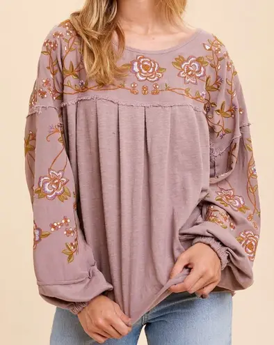 In Loom In Loom Rose Taupe Embroidered Drop Sleeve Blouse Mauve Peasant Floral Medium