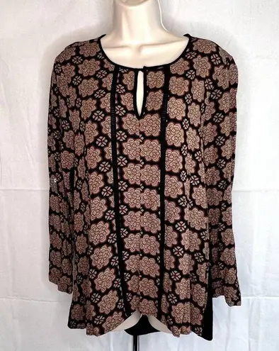 Black Rainn Southwestern Brown Black Keyhole Neck Long Sleeve Blouse Size LG