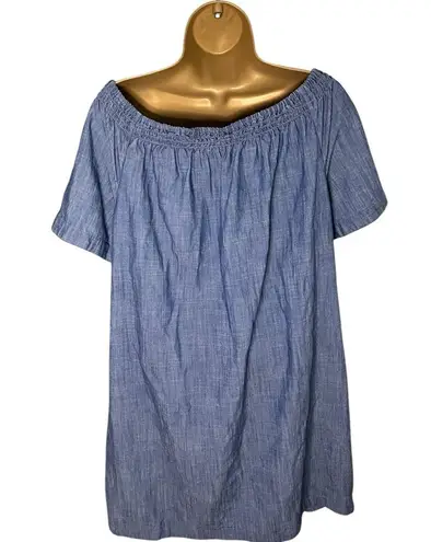 FatFace Chambray Shift Dress Boat Neck Elastic Neckline Short Sleeve Indigo 12 Blue