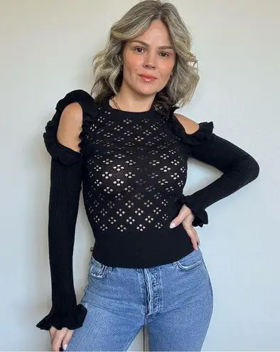 Jill Stuart Perforated Cutout Shoulder Knit Top