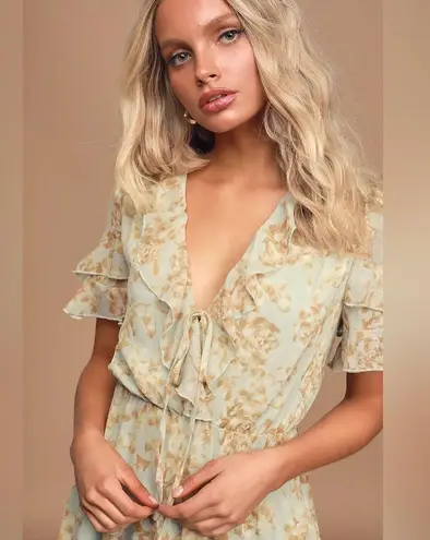 Lulu’s Dreaming of Romance Mint Blue Floral Ruffle Metallic Dress Medium