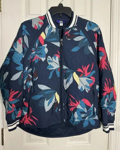 Joy Lab Blue Quilted Floral Print Button Up Coat, Polyester/Spandex, Cuffs, S