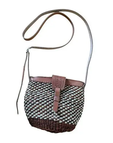 Vintage Medium Sisal & Tooled Leather Adjustable Crossbody Bag Brown