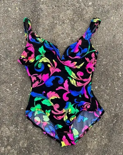 Vintage 80s Mainstream neon floral leaf one piece swimsuit Black Size M