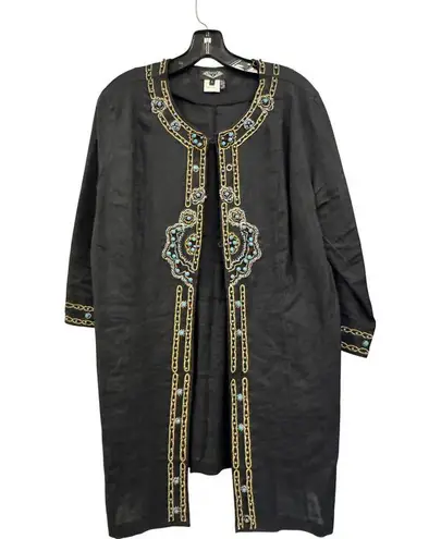 Vtg ANGEL II Black Linen Kaftan Jacket Embroidered w/ turquoise stones Women's M Size M