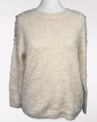 Mizumi Ivory Beaded Fuzzy Sweater Embellished Long Sleeve Soft Knit Size Small White