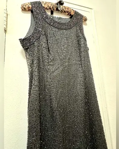 Laurence Kazar Vintage Vermicelli Beaded SILK Column Black Dress Gown Medium