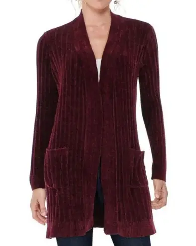 MATTY M Chenille Cardigan Burgundy Maroon Red Ribbed Chunky Knit Long Sweater S