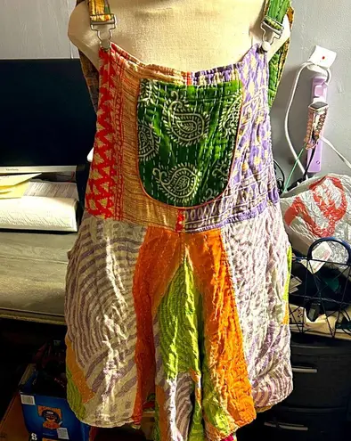 Kantha Rompers with Pockets, Handmade Cotton Boho Bib Jumpsuit, Sustainable Green Size 2X