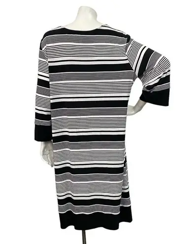 Joseph Ribkoff Black White Striped Long Sleeve V-neck Dress Women's Size 16