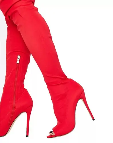 Ultra High Boots Over The Knee Peep Toe High Booties Heels Stiletto Slim Fit Suede Shoes Thigh Boots Red Size 6