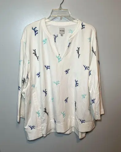 Nic+Zoe plus size coral reef embroidered white beachy v-neck tunic top size 1X