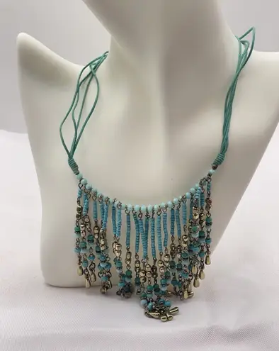 Handmade 18" Multi Strand Bali Boho Seed Bead Necklace 9" Long Fringe Blue B-5