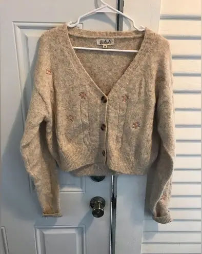 Listicle  sweater set beige floral embroidered cropped cardigan and tank