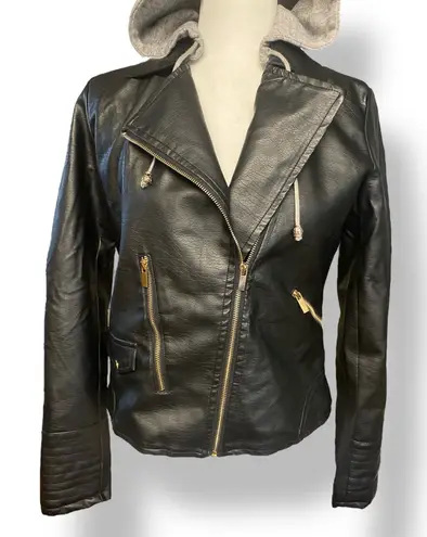 Stylish Black Faux Leather Moto Jacket with Gray Hood Faux Fur Lined Size Small