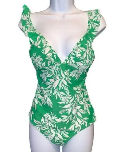 Profile  modern white and green tropical floral design one piece! New