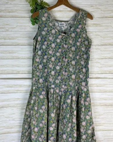 Vintage Blue  Cotton Wild Rose Primt Button Fromt Midi Dress