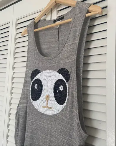 Cozy Casual Embellished Sequin Panda Heather Grey Muscle Tank S Small