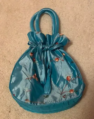 Embroidered satin blue mini bag floral shiny