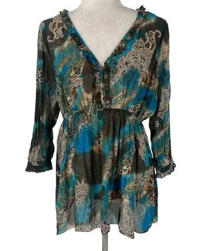 Notations Y2K Sheer Babydoll Womens Top Sz L Boho Ruffle Chiffon Festival Hippie