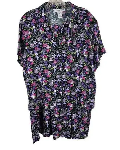 Sag Harbor Black Purple Floral Short Sleeve Button Up Midi Skirt Set PXL