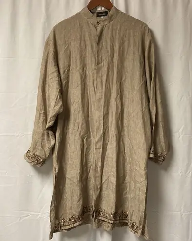 Eskandar Linen Sequin Beaded Tunic Duster Tent Dress Tan