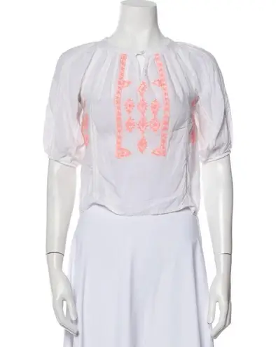 Melissa Odabash Embroidered Peasant Blouse Crop Top White Neon Coral Summery sz8