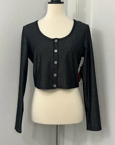 New Carbon38 Medium Black Metallic Ribbed Long Sleeve Shimmer Cropped Cardigan