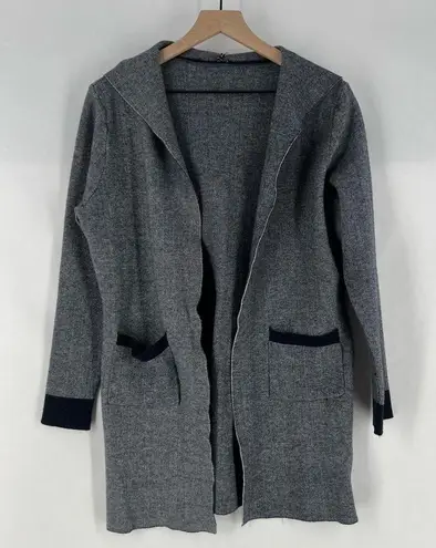 Blue Soft Knit Raw Edge Open Front Hooded Longline Sweater Jacket Minimalist