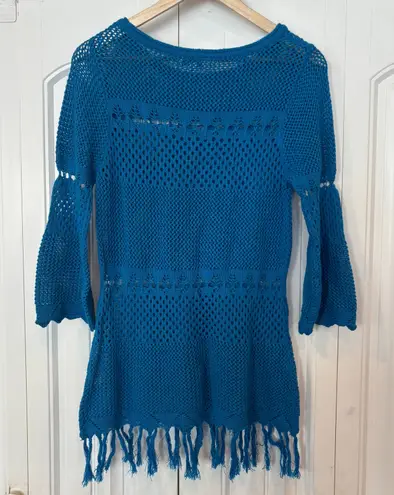 Joseph A . Blue Open Knit Fringe Sweater Size Medium