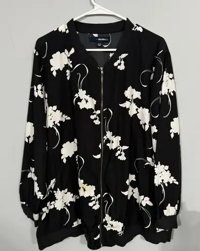Denim 24/7 Black & White Floral Full Zip Lightweight Bomber Jacket Plus Size 24W