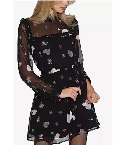 Avec Les Filles Printed Ruffled Fit & Flare Heart Sheer dress - S EUC