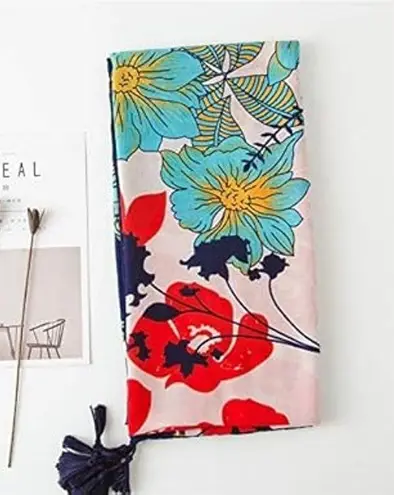 NEW Boho Tropical Design Tasseled Rectangle Soft Chic Scarf Large Blue Orange