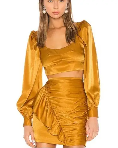 Camila Coelho Revolve Gabriella Mustard Yellow Satin Set Kaylee Skirt