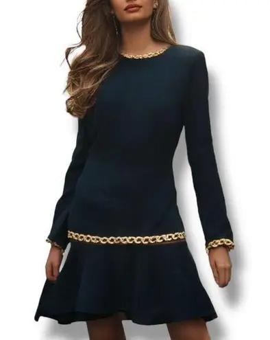 Vintage 80s Black Drop Waist Dress Gold Chain Trim Long Sleeve Crewneck Medium