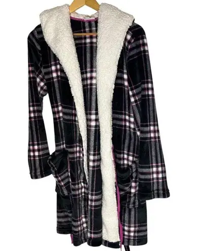 Jenni Intimates Women's M/L Hooded Plaid Fleece Robe Multicolor Comfy Lounge