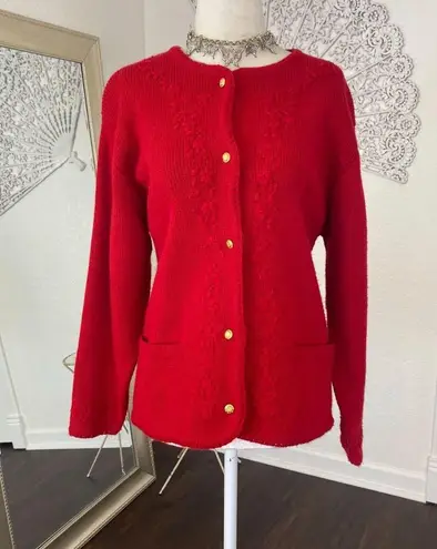 Chunky Vintage Bright Red Flower Floral Embroidered Knit Button Up Cardigan M Size M
