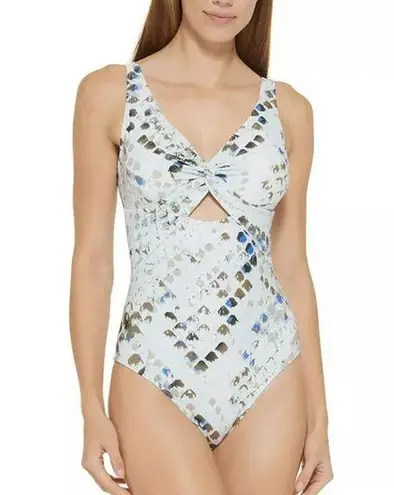 DKNY  SPLASH Peek-a-boo Twist Cutout White & Grey One-Piece Swimsuit US 14 NWT