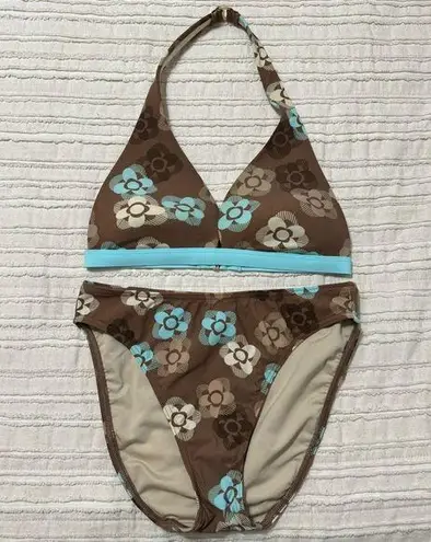 Victoria's Secret Vintage Y2K Victoria’s Secret High Cut Retro Floral Halter Brown & Blue Bikini