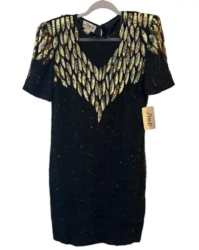 Sequin Dress Black/Gold Silk Beads Small V